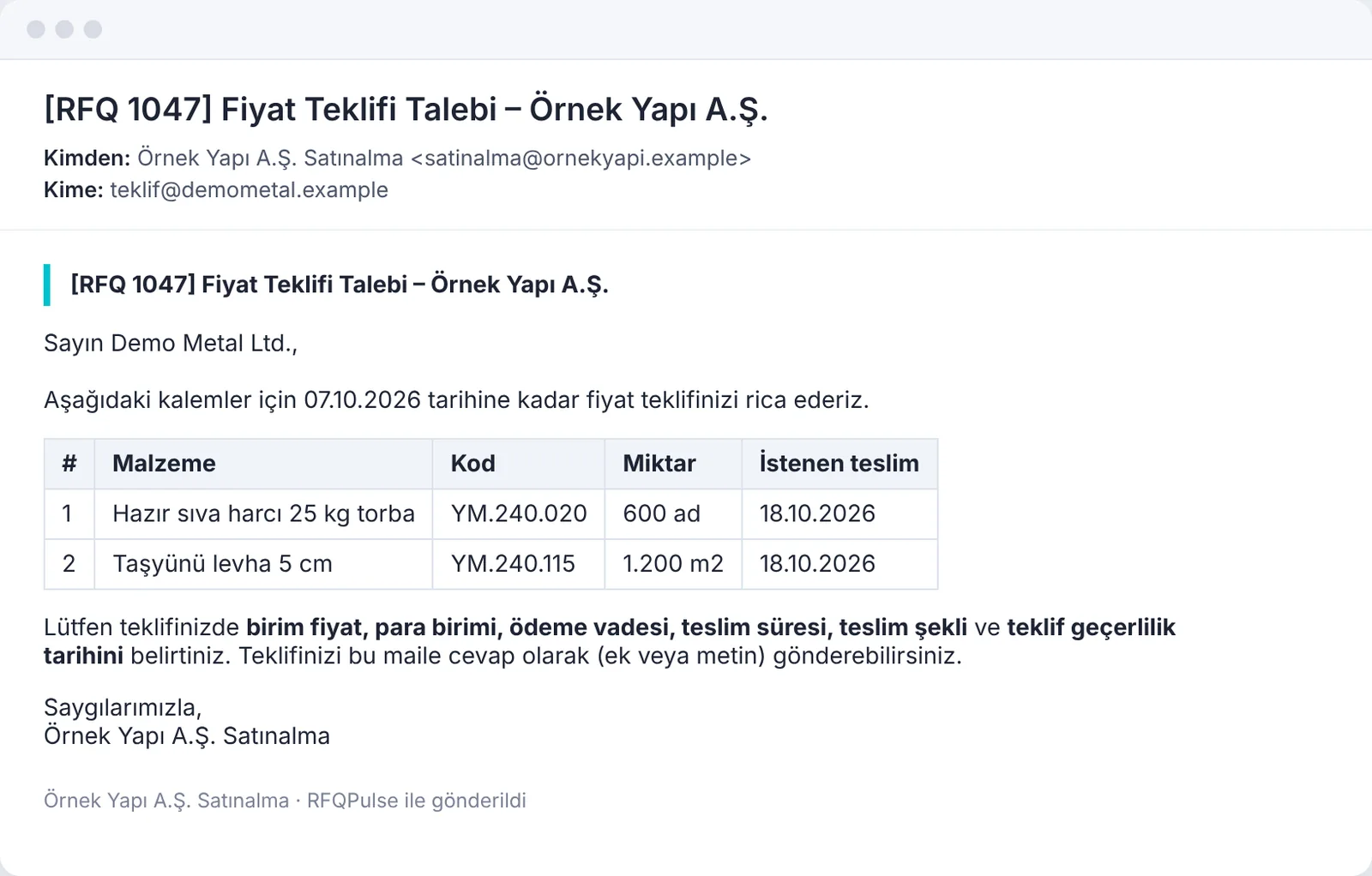 Tedarikçiye giden RFQ maili