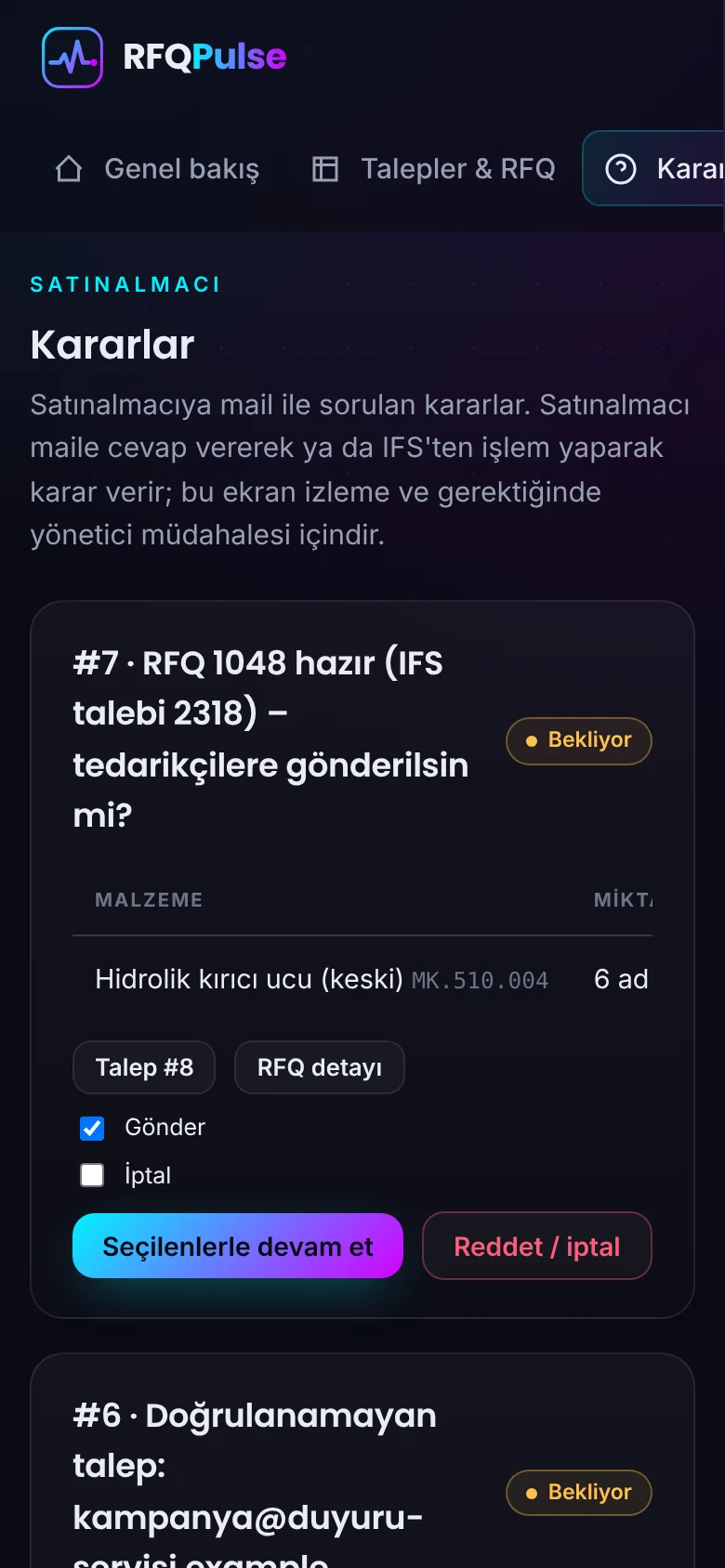 Mobil kararlar ekranı