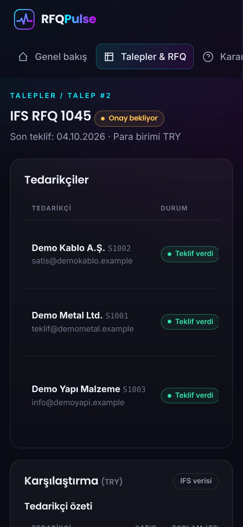 Mobil RFQ ekranı